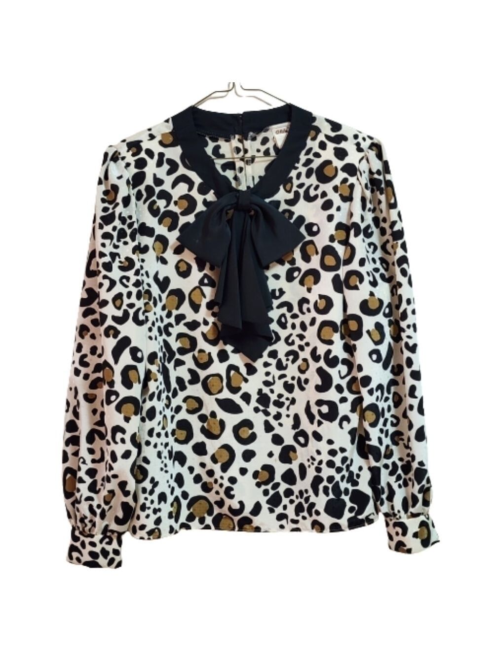 VINTAGE Elite leopard print long sleeves  blouse black bow collar size 10